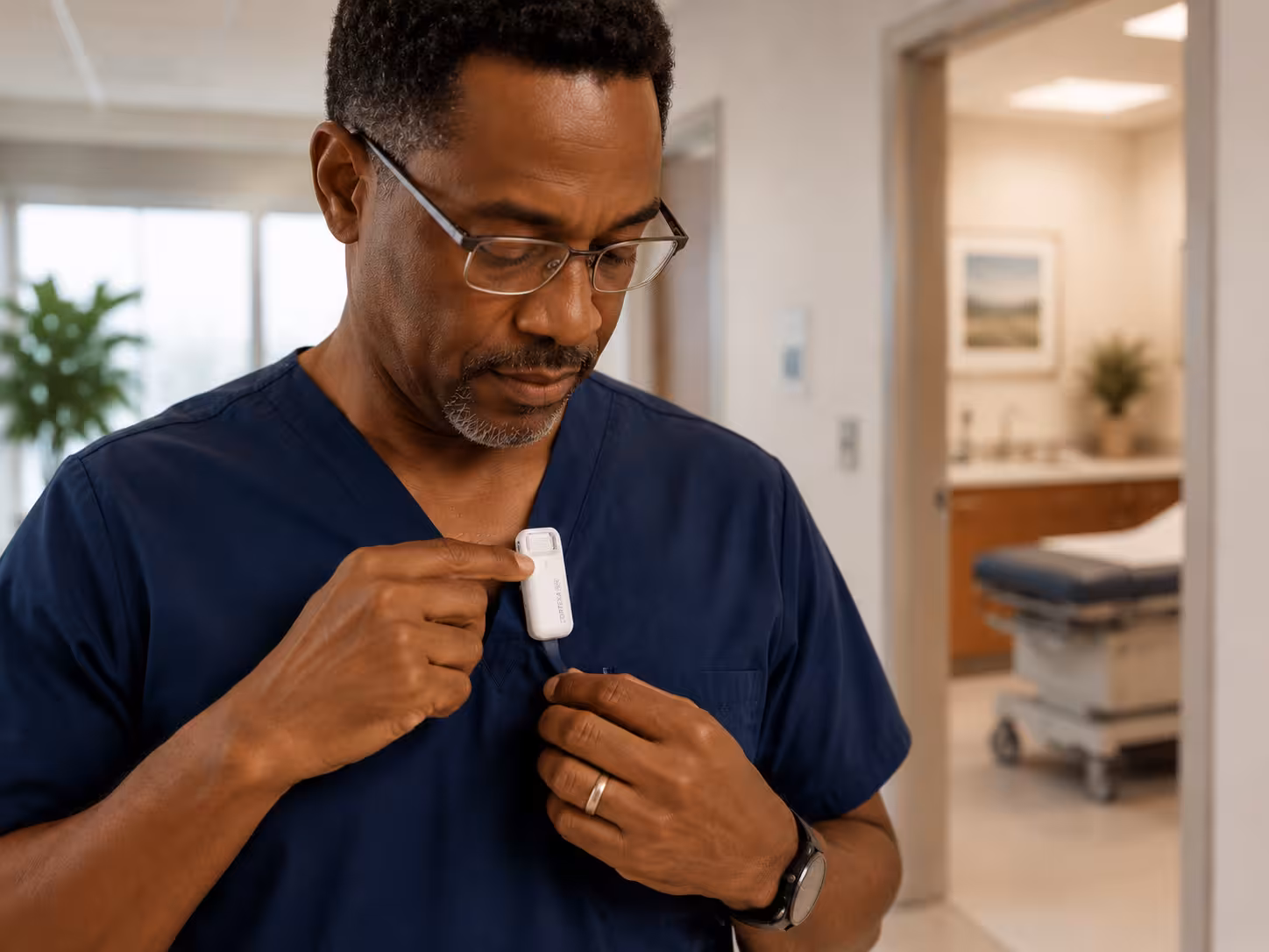Clinician clipping the CortexaNote Recorder to scrubs before seeing patients