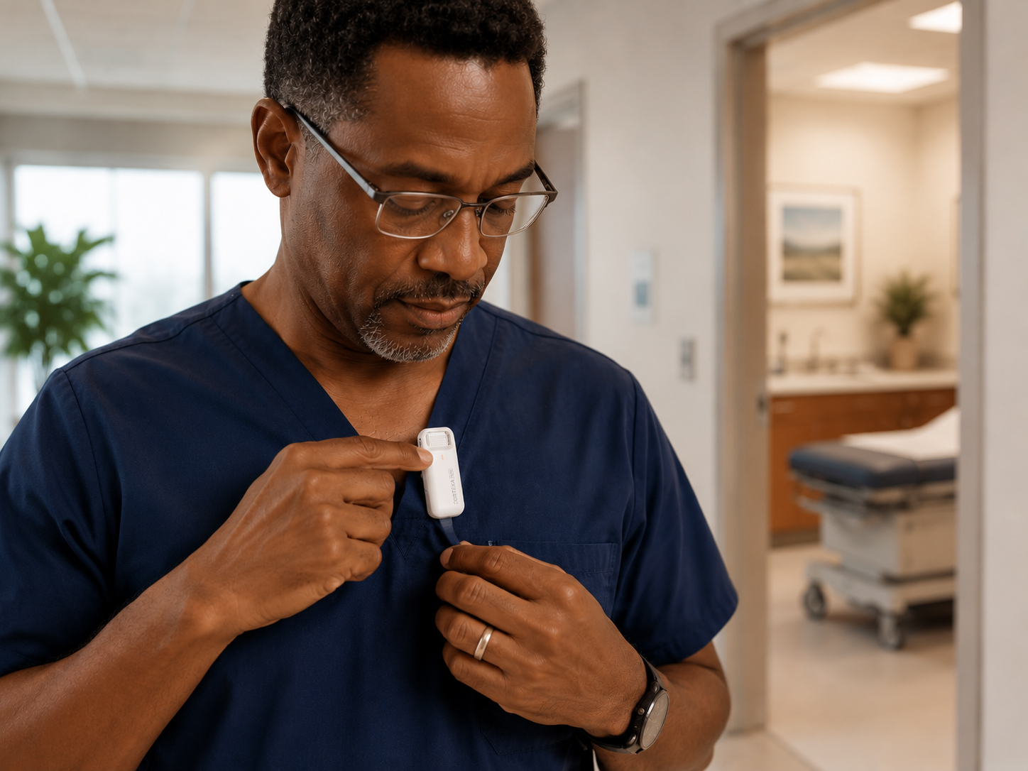 Clinician clipping the CortexaNote Recorder to scrubs before seeing patients