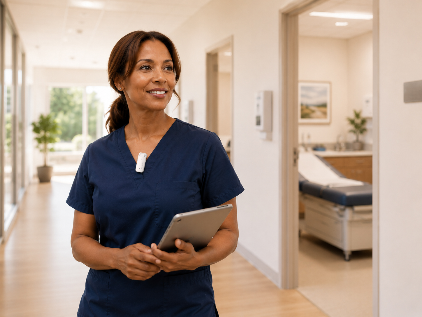 Nurse practitioner wearing the CortexaNote Recorder in a bright clinic hallway