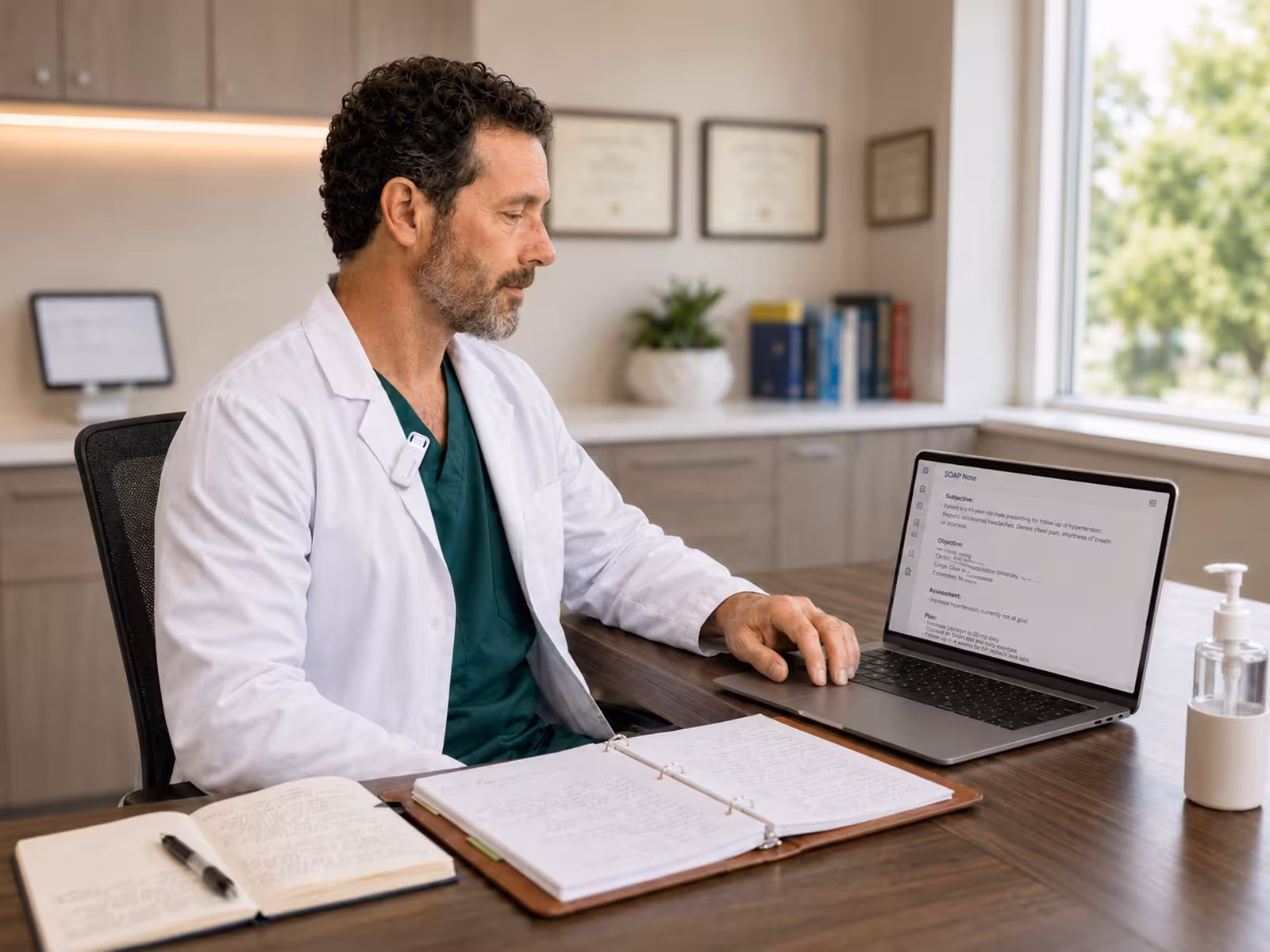 Physician wearing the CortexaNote Recorder while reviewing a generated SOAP note on a laptop