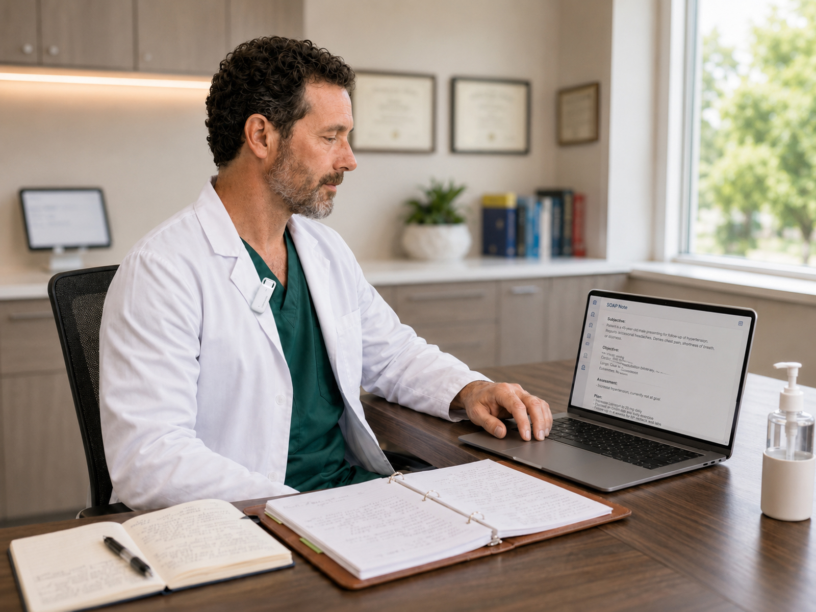 Physician wearing the CortexaNote Recorder while reviewing a generated SOAP note on a laptop